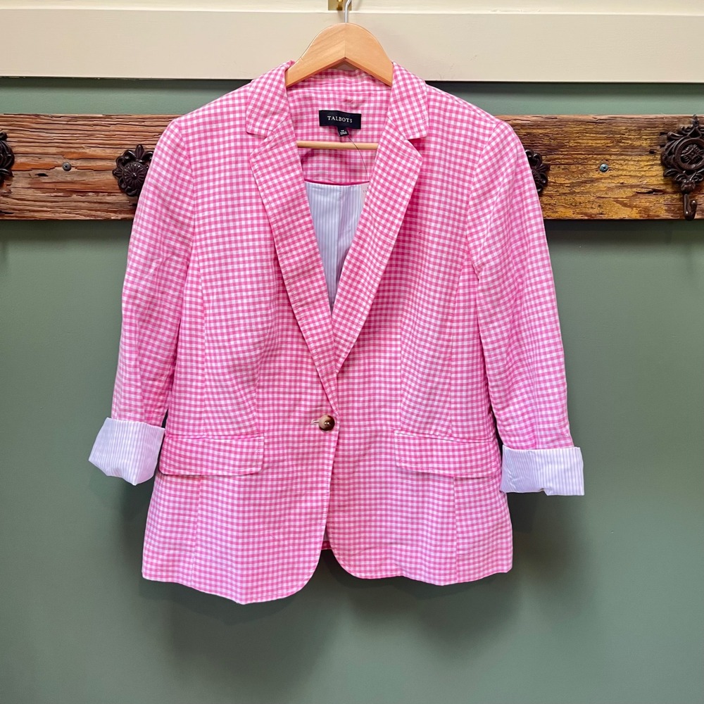 Talbots Pink Gingham Linen Cotton Blazer Jacket Pink White Check NWT 14